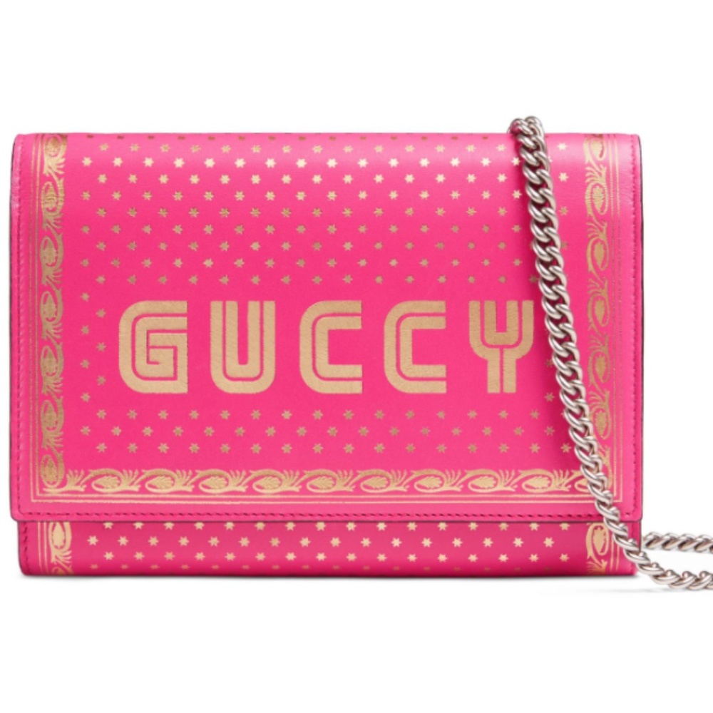 New Authentic Gucci Guccy Logo Moon & Stars Leather Wallet Chain Small P…